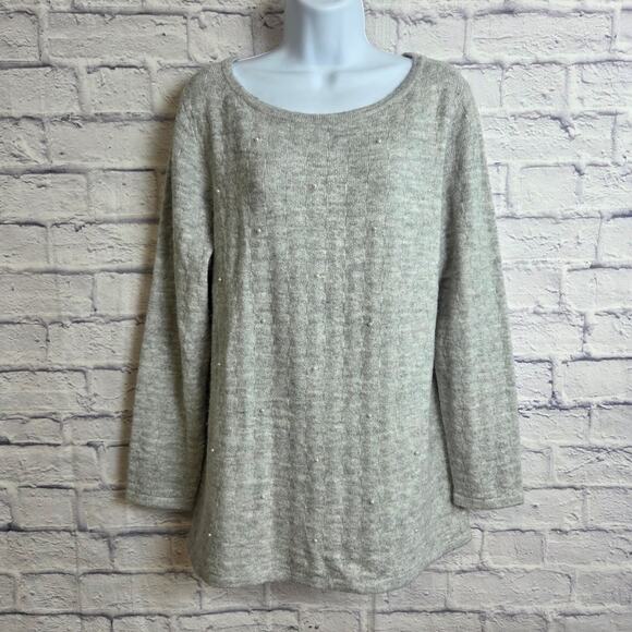 Chico's 2 US L/12 Gray Lightweight Crewneck Sweater with Pearl Embellishments - Picture 2 of 11